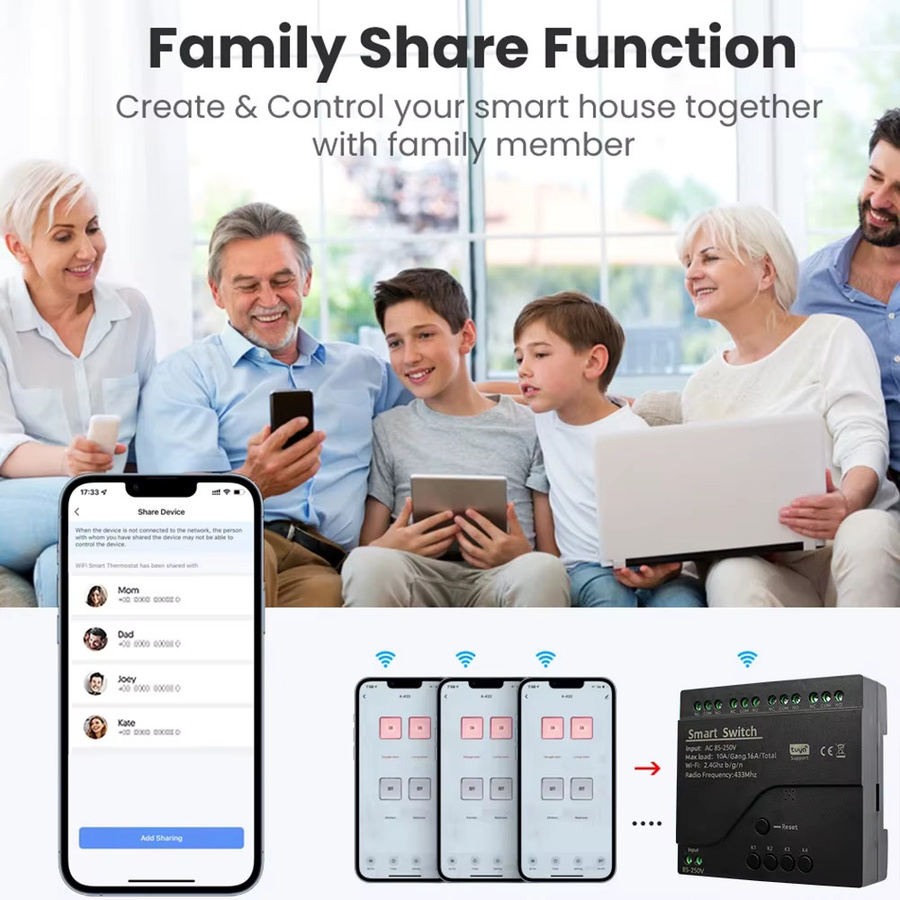 Tuya Smart Wifi Switch 4CH Relais Modul für Alexa und Google Home, Schwarz, 10A, 85-250V AC/7-32V DC - Bild 6