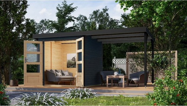 Karibu Hybrid Gartenhaus Hollywood Set mit Anbaudach und Fußboden in Anthrazit, Breite: 2,40 m