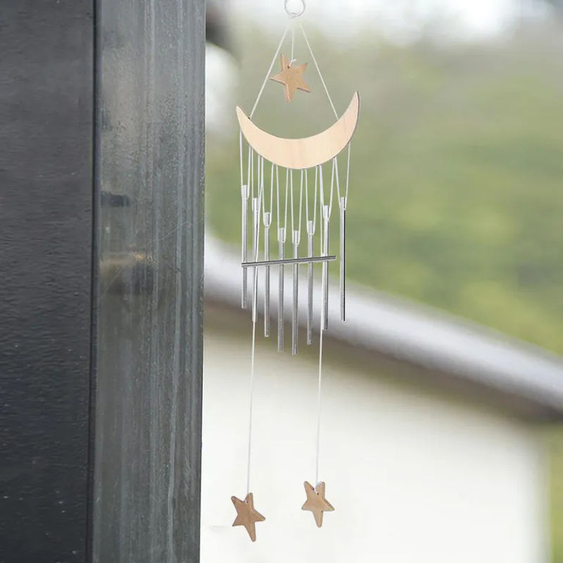 DIYelecs Windspiel Windgong aus Holz und Metall in Beige mit Sternen im Bohemian Design - Bild 2