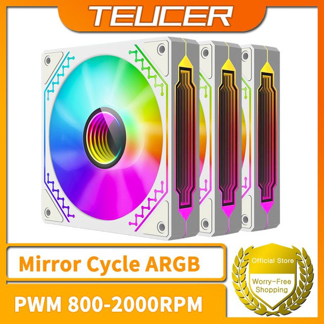 TEUCER Prism12025 PC-Gehäuselüfter Set, 3er Pack, Weiß, 120 mm, ARGB mit zyklischem Spiegeleffekt, PWM, 800 bis 2000 U/min, 5 V, 3-polig - Bild 1