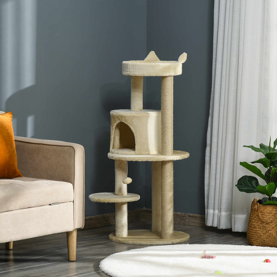 PawHut Katzenbaum mit Höhle und Spielball in Creme, Kratzmöbel mit Sisal-Elementen, Durchmesser: 48 cm, Höhe: 104 cm, Aosom - Bild 2