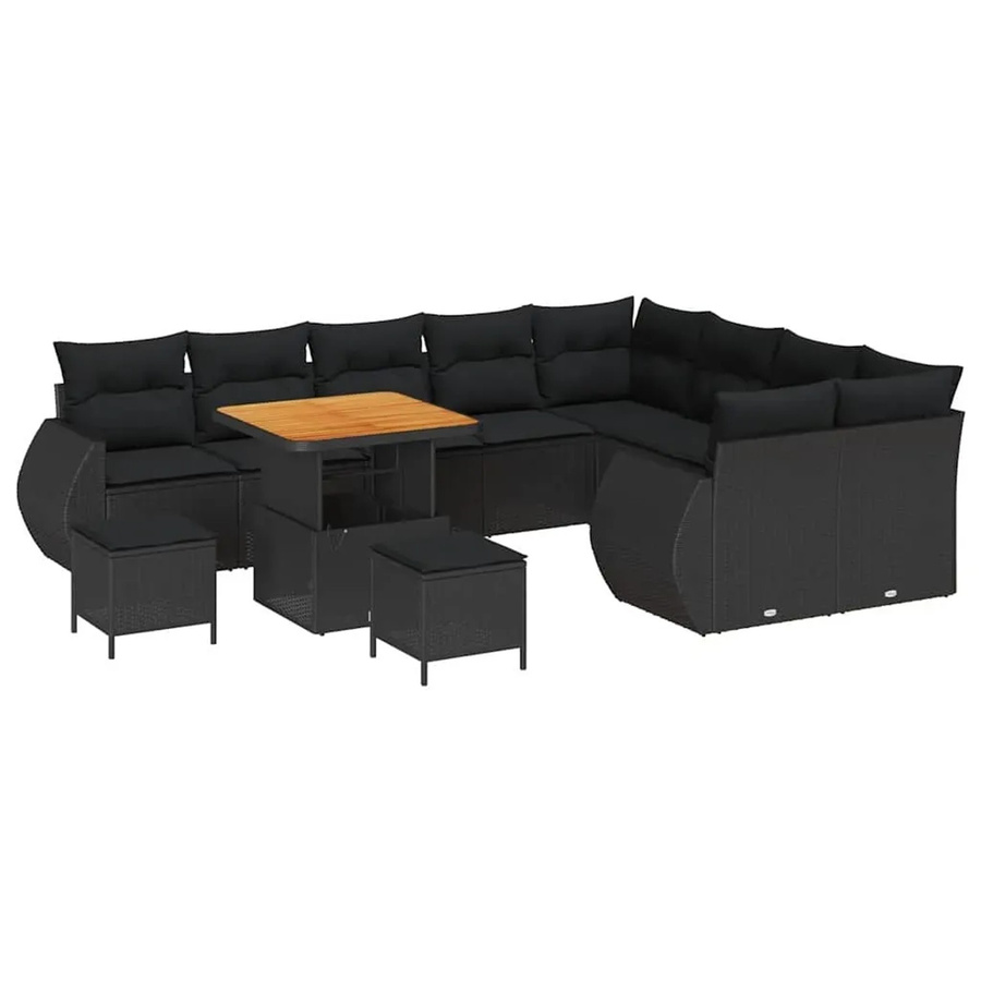 vidaXL Garten-Sofa-Set 12-tlg. aus Polyrattan und Akazienholz in Schwarz mit Polstern und Tisch in U-Form - Bild 2