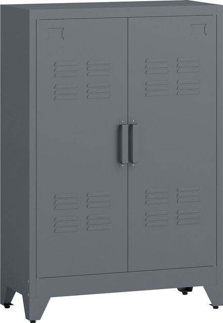 HOMCOM Sideboard Küchenschrank mit magnetischer Lamellen-Doppeltür und verstellbarem Einlegeboden, moderner Aufbewahrungsschrank für Wohnzimmer, Schlafzimmer und Flur, Grau, B/T/H: 75 x 33 x 110 cm - Bild 1