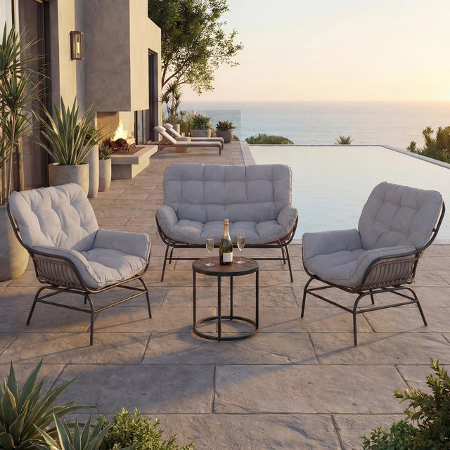 MCW Lounge-Set P75 Gartengarnitur aus Poly-Rattan und Metall in Dunkelgrau mit hellgrauen Polstern - Bild 1
