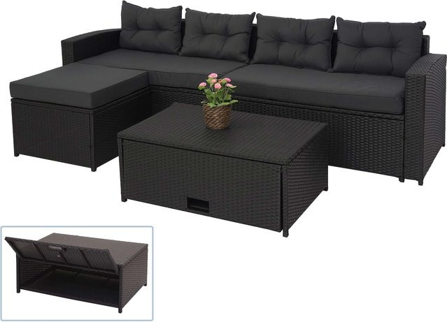 MCW Poly-Rattan Garten-Garnitur J34 4-teiliges Lounge-Set in Schwarz mit dunkelgrauen Kissen und Staufach - Bild 1