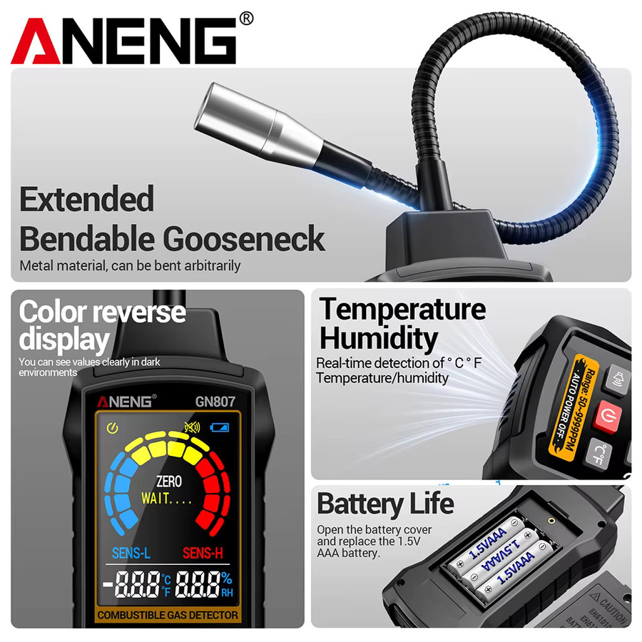 ANENG Gasleck-Tester Detektor für brennbare Gase und Freon in Schwarz, Messbereich 50-10000 PPM für Auto-Klimaanlagen, Halogen und Erdgas - Bild 5