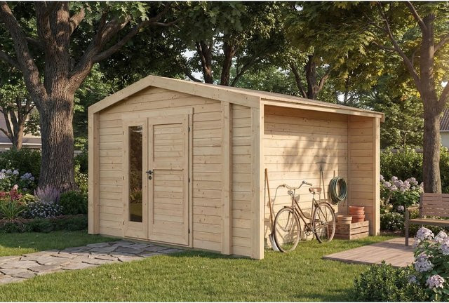 Weka Holz-Gartenhaus Killarney mit Satteldach in Natur Braun B: 361 cm, T: 313 cm, H: 246 cm - Bild 1