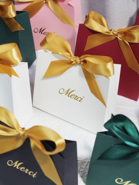Geschenktaschen aus Papier für Hochzeiten und Partys mit Thank You Aufdruck in Pink und Gold (10 Stück) - Bild 1