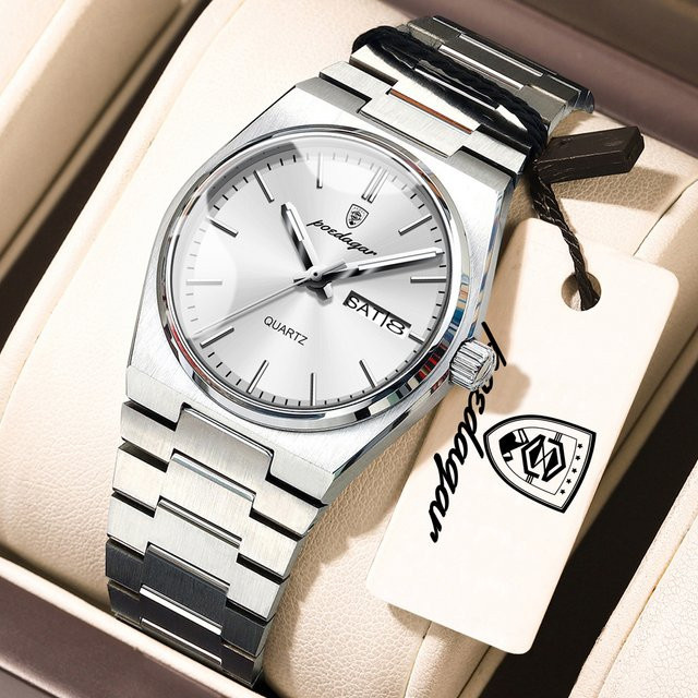 POEDAGAR Armbanduhr Edelstahl, Quarz, Silber, Damen, Datum, Wochentag - Bild 1