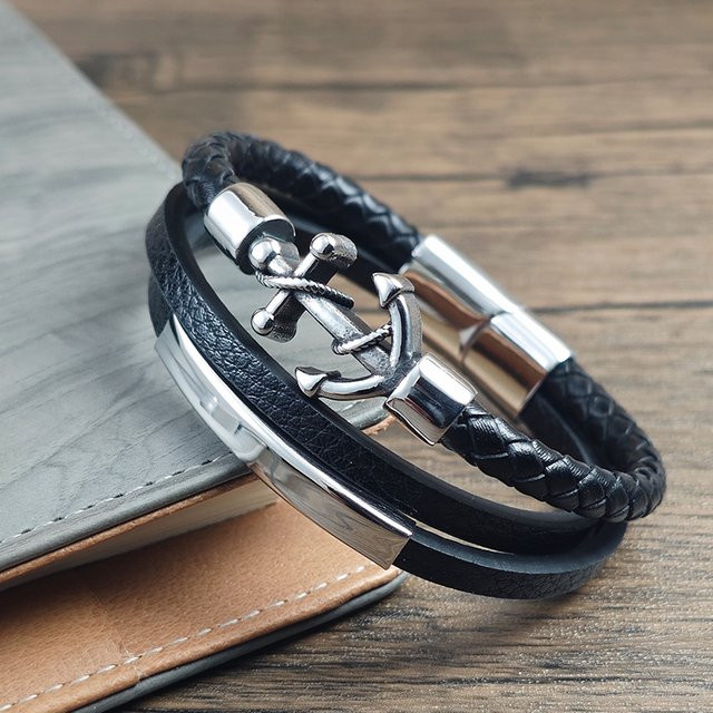 jiangmingao Armband, Leder-Seil, Edelstahl, Schwarz, Herren - Bild 1