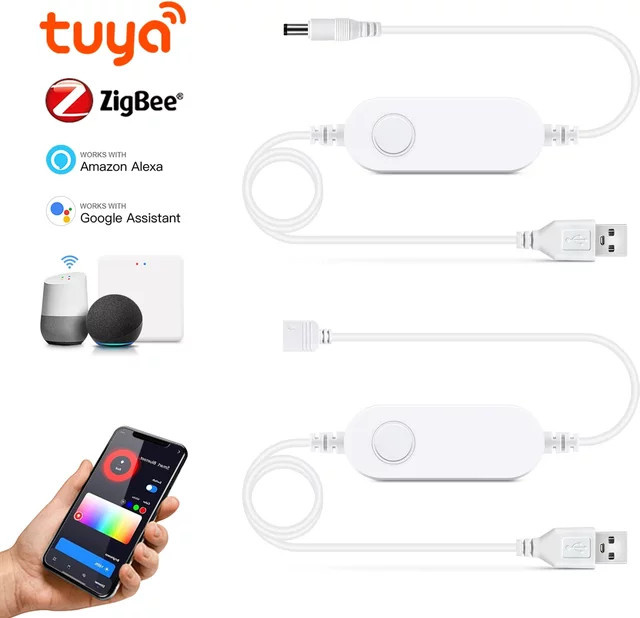 Lcamaw Tuya Zigbee Smart Lichtschalter Dimmer mit Fernbedienung für LED-Streifen 5050 2835 COB, USB DC5V, kompatibel mit Alexa und Google Home, Farbe: Weiß - Bild 1