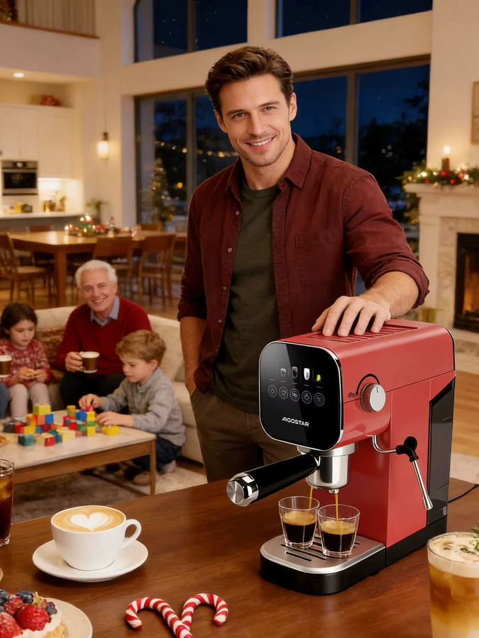 Aigostar Espresso Siebträgermaschine in Rot aus Edelstahl mit 20 Bar Druck, Digitalem Touchpanel, Milchaufschäumer und 0,9 l Wassertank, kompatibel mit Kapseln und gemahlenem Kaffee - Bild 7