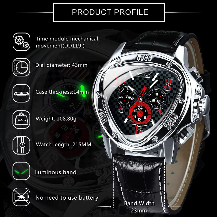 JARAGAR Armbanduhr, Automatik, Edelstahl, Lederarmband, Herren, Schwarz - Bild 5