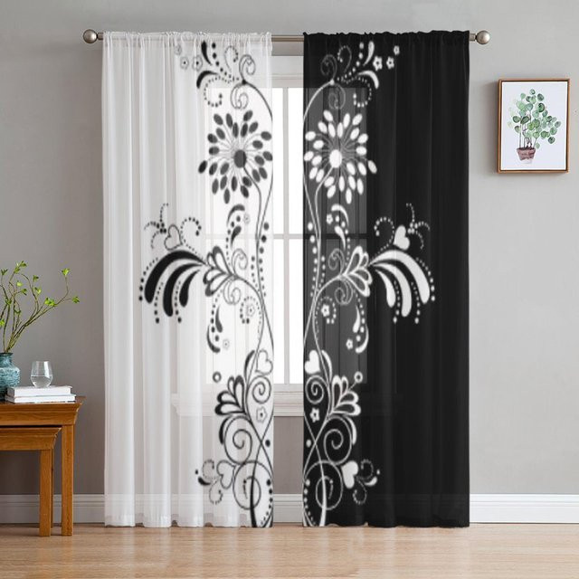 A Family Of Home Textiles Blumenvorhang in Schwarz-Weiß, moderner semi-transparenter Voile-Tüll-Fenstervorhang mit floralem Muster, B/H: 135 x 114 cm, 2er-Set - Bild 1