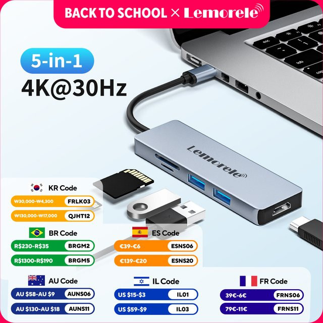 Lemorele 5 Ports USB C Dockingstation mit Dual HDMI 4K, USB 2.0 und SD/TF Kartenleser für MacBook, Laptop und Mobiltelefon - Bild 1