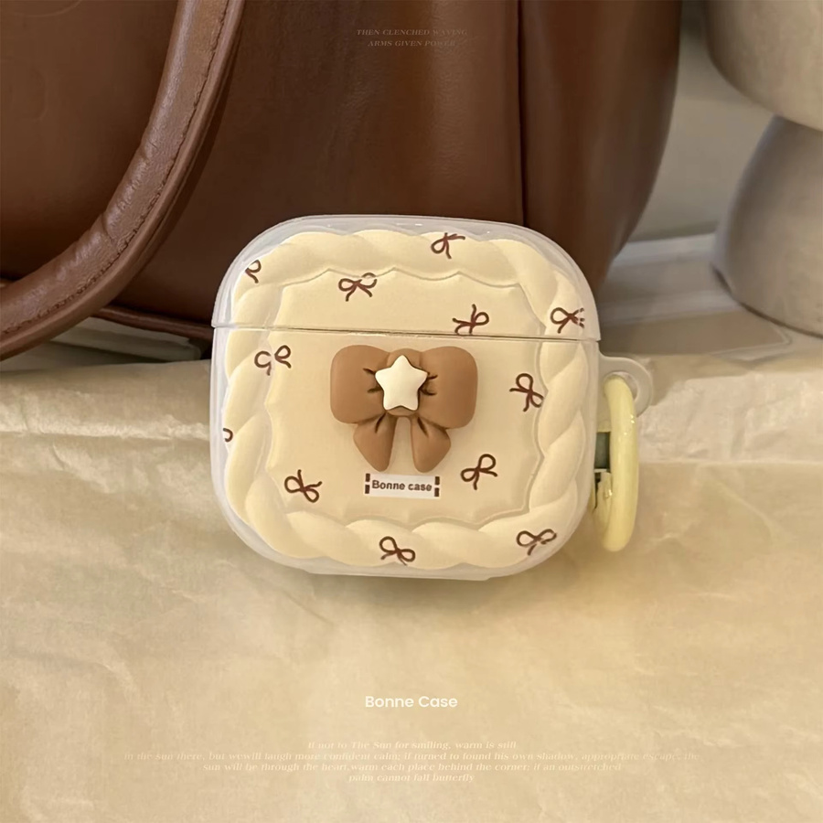 Niedrige 3D-Cartoon-Kopfhörerhülle mit brauner Schleife für Apple AirPods 4, 3, 2, 1 und AirPods Pro 3, 2 mit Haken in Braun - Bild 2
