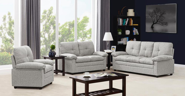 3-teilige gepolsterte Sitzgarnitur von Happy Home in Grau mit Massivholzrahmen und modernem Design bestehend aus Dreisitzer, Zweisitzer und Sessel - Bild 1