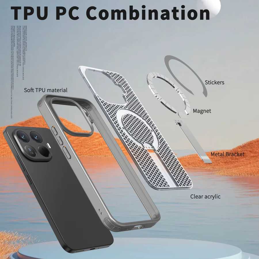 Magnetische und atmungsaktive Kühlhülle für Xiaomi 17 Pro Max, 15T, 14T, POCO F7 und X7 Ultra Pro 5G mit klappbarem Ständer und Fallschutz in Grau - Bild 4