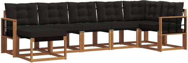 vidaXL Outdoor-Sofagarnitur 7-teilig aus Akazienholz und Textilene in Natur und Schwarz mit Kissen und Armlehnen - Bild 1