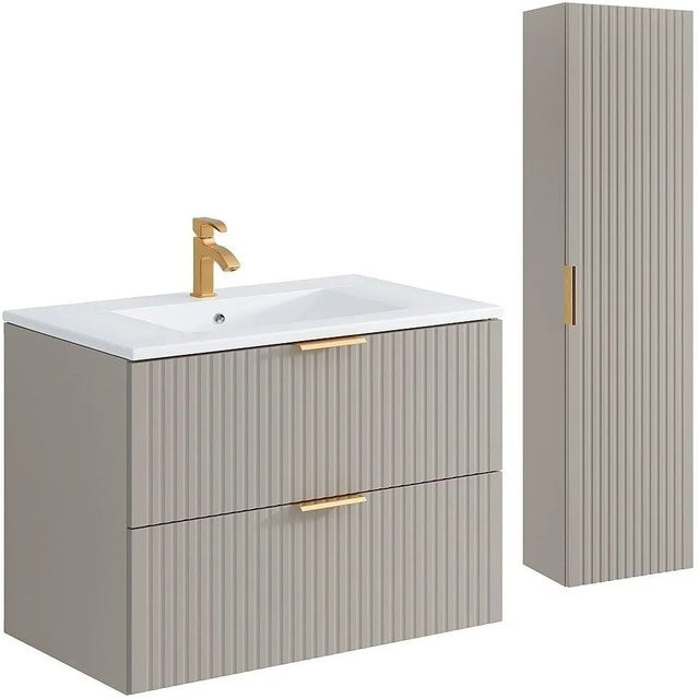 Vente-unique Badmöbel-Set Zevara in Beige im Art-Deco-Stil mit Waschbecken und Hochschrank, Breite: 80 cm, Höhe: 57 cm, Tiefe: 46 cm - Bild 1