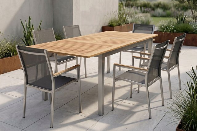 Stern Cardiff Garten-Essgruppe aus Edelstahl und Teakholz in Silber/Silbergrau mit ausziehbarem Tisch und 6 Stapelsesseln, Tisch B: 150 bis 200 cm, B: 90 cm, H: 75 cm - Bild 1