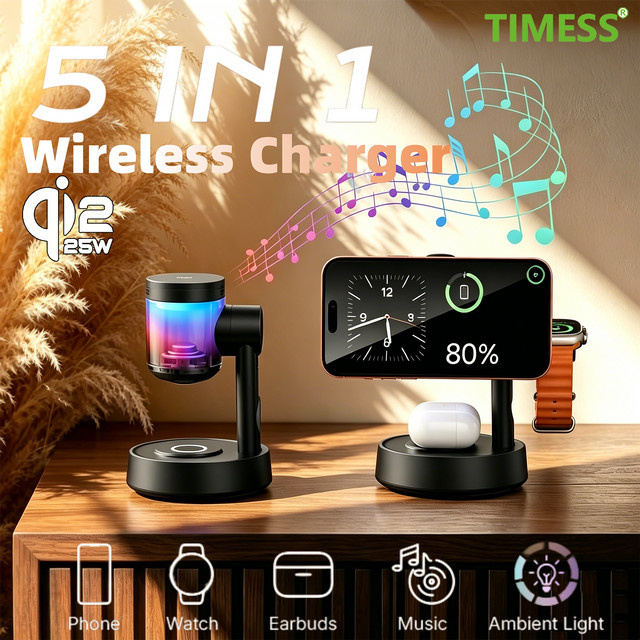 TIMESS Ambient Light Qi2.2 Lautsprecher 25W mit kabellosem magnetischem Ladegerät für iPhone, Apple Watch und Samsung Galaxy Watch, Schwarz - Bild 1