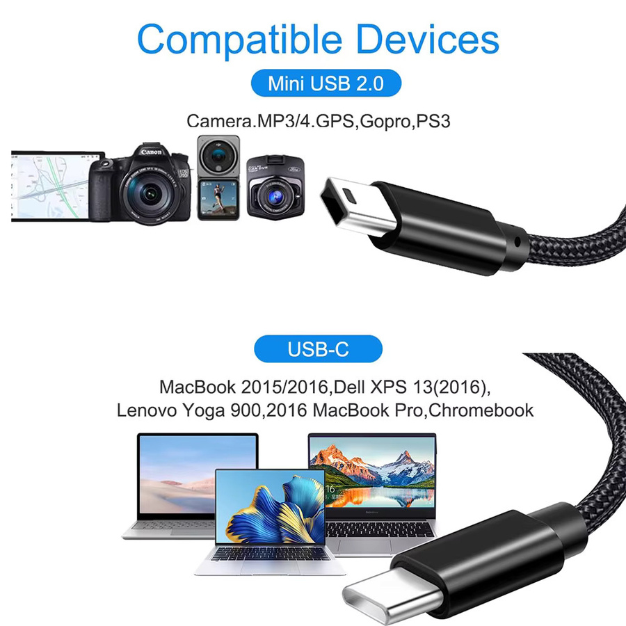 USB Typ-C zu Mini-USB Adapterkabel in Schwarz für Kamera, MP3 und MacBook Pro zum Laden und für die Datenübertragung - Bild 2
