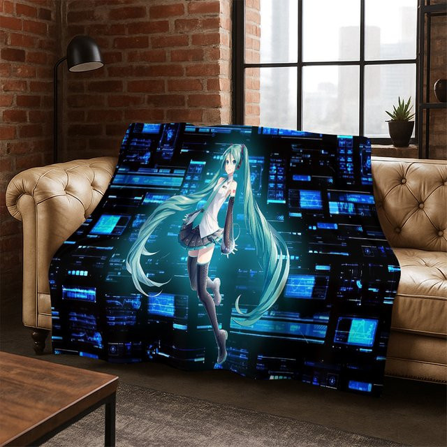 Faviora Flanelldecke Cartoon M-MIKU Music Girl in Blau, weiche und warme Fleece-Überwurfdecke für Kinder - Bild 1