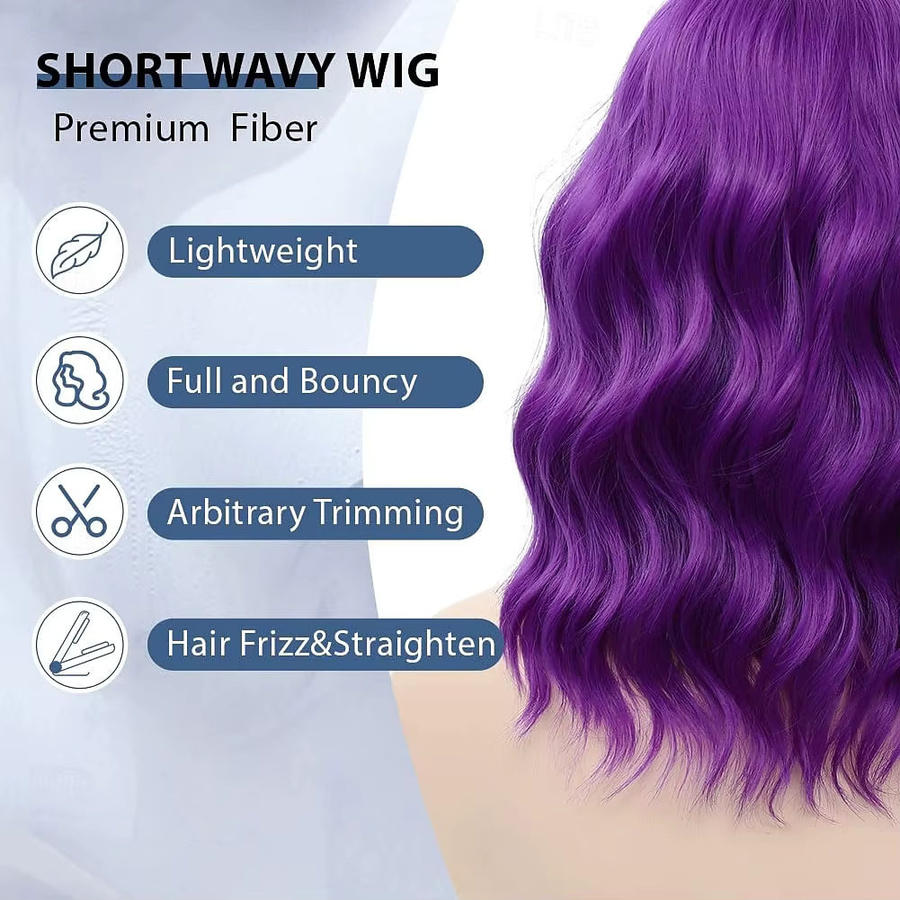 HAIRJOY Kunsthaar-Perücke mit Pony, lila, kurze lockige Bob-Perücke, Damen - Bild 4