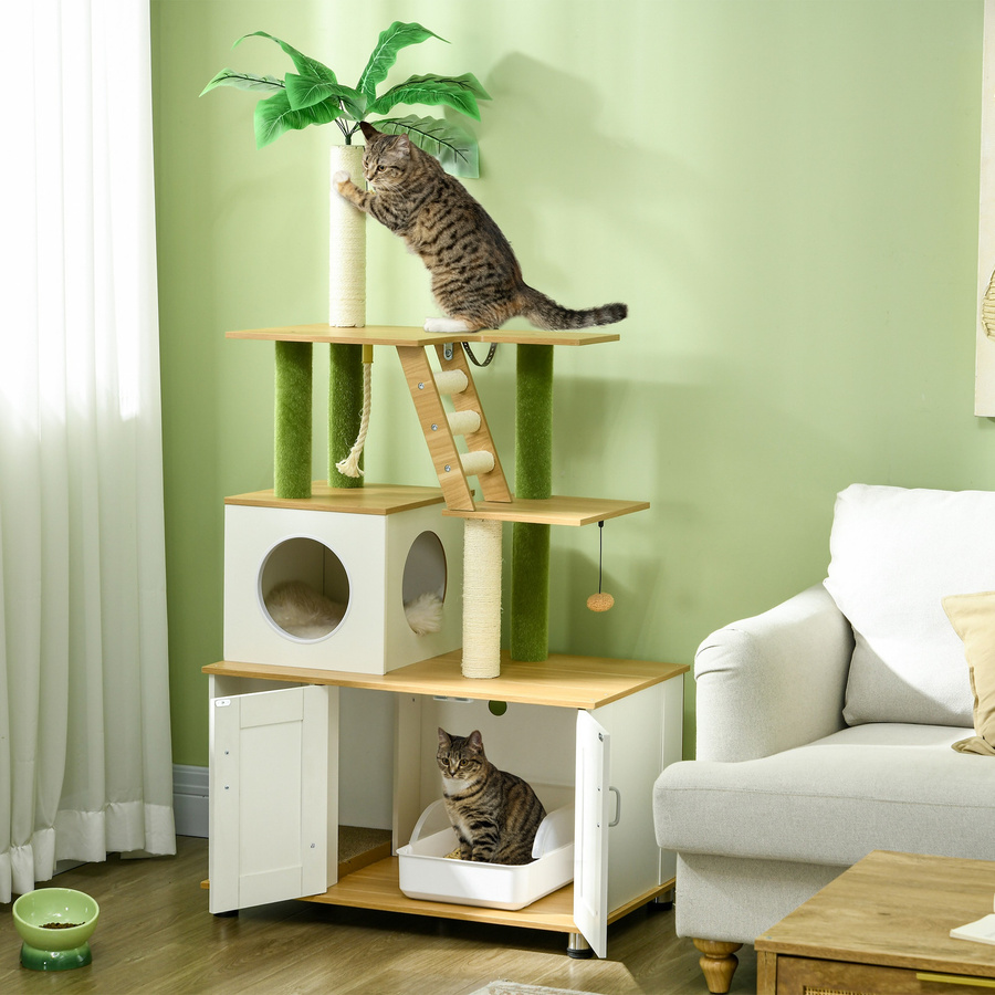 PawHut 2-in-1 Katzenbaum und Katzenschrank für die Katzentoilette in Eiche mit Katzenhaus, Treppe, Kratzstamm und Spielball, Höhe: 160 cm - Bild 2