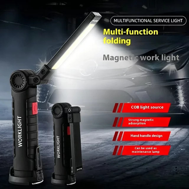 XIWANGFIRE COB LED Arbeitsleuchte mit 360 Grad Drehung, USB-aufladbare Magnet-Taschenlampe mit Haken in Schwarz - Bild 1