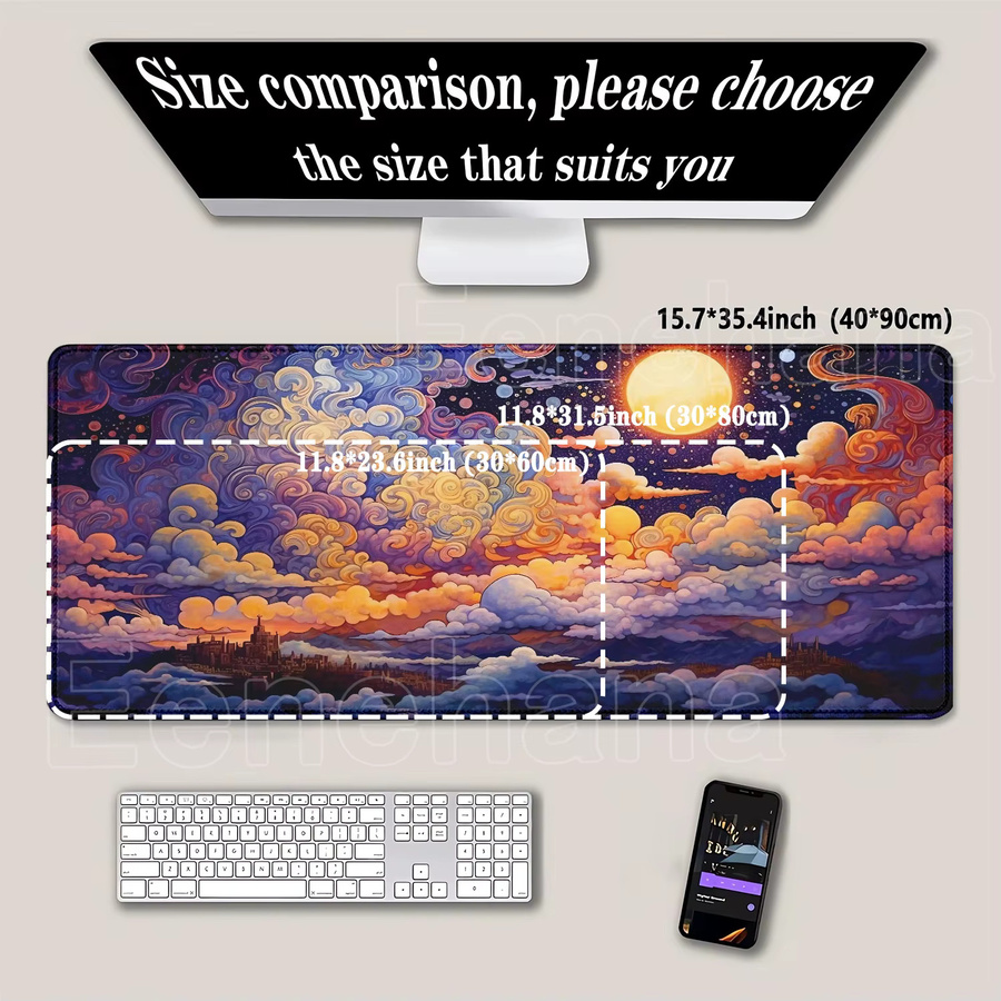 Eenehana XXL-Mauspad Cloud Overlock mit Vollmond und Nacht Motiv, rutschfestes Gaming-Mauspad für PC und Tastatur, B/B: 90 x 40 cm, multicolour - Bild 2