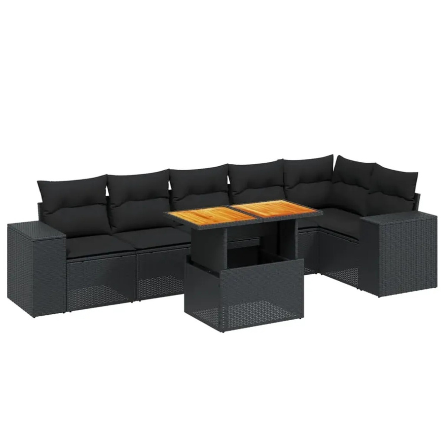 vidaXL 7-tlg. Garten-Sofagarnitur in L-Form aus schwarzem Poly-Rattan mit Kissen und Akazienholz - Bild 2