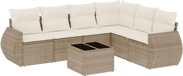 vidaXL 7-teilige Garten-Sofagarnitur in L-Form mit Kissen und Couchtisch, Beige, Poly-Rattan mit Metallgestell - Bild 1