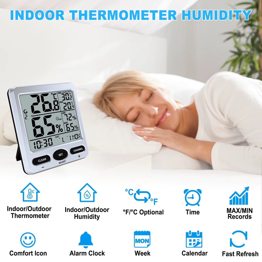 Urageuxy Digitales Thermometer-Hygrometer in Weiß mit LCD-Bildschirm und Max/Min-Aufzeichnung für Innen und Außen - Bild 2