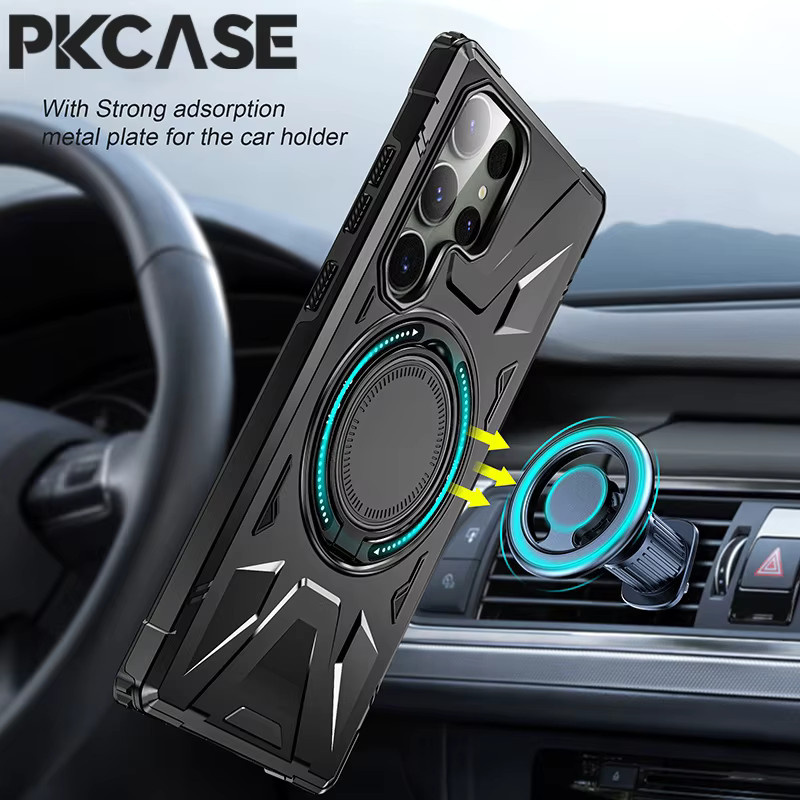 PKCASE stoßfeste Ring-Stand-Hülle mit magnetischer kabelloser Lade-Halterung für Samsung Galaxy S25, S24 Ultra und S23 FE Plus in Schwarz und Grün - Bild 2