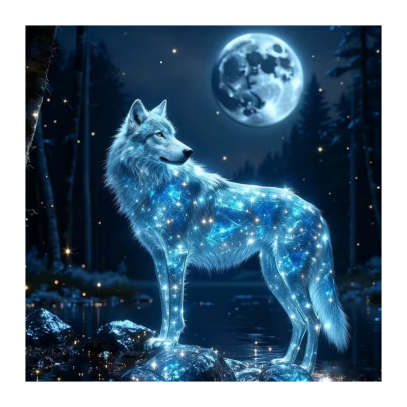Huacan Diamantgemälde Wolf und Mond als dekorative Tierlandschaft mit Rundbohrern in Blau, Breite: 20 cm, Höhe: 20 cm - Bild 4