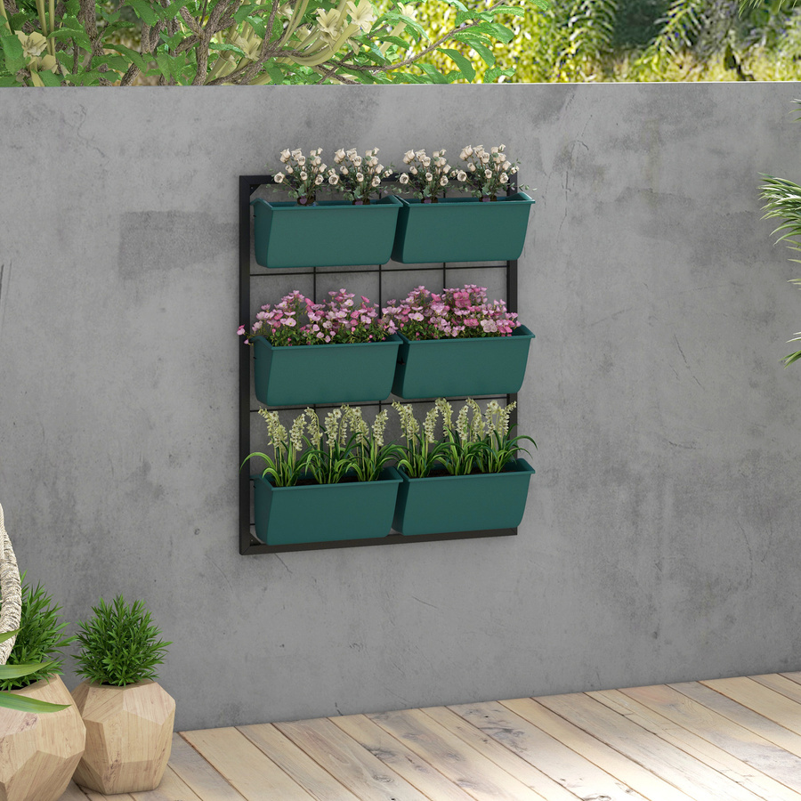 Outsunny Vertikaler Außen-Pflanzenhalter in Grün mit 6 Pflanzkästen aus Kunststoff, 3-stufiges Pflanzregal für Blumen und Kräuter, B/T/H: 52 x 14 x 66 cm - Bild 2