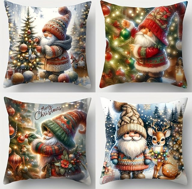 Einteiliges Kissen-Set mit Vintage-Weihnachtsbaummuster in Multicolour, quadratisch, mit Reißverschluss und abnehmbarem Bezug, Breite: 45 cm - Bild 1