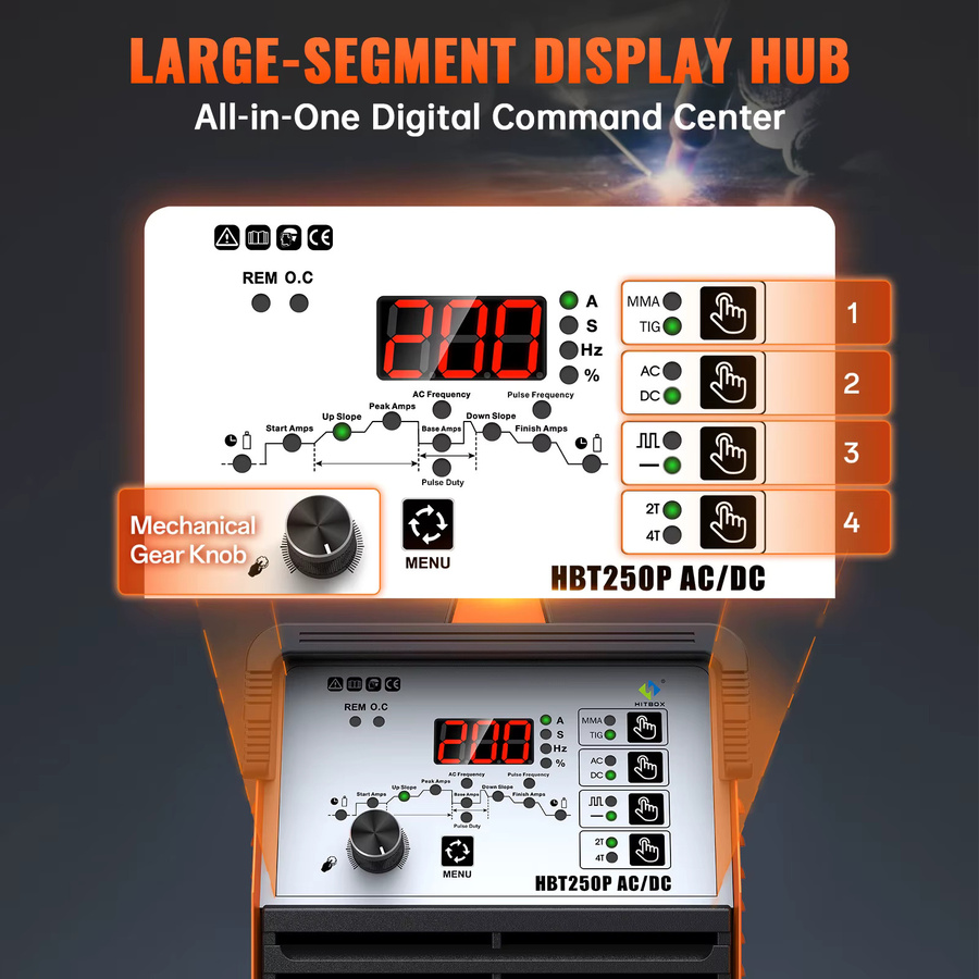 HITBOX HBT250P AC/DC TIG-Schweißgerät mit Puls-IGBT-Inverter, Multifunktions-Schweißgerät für Aluminium und Metall, Farbe: Orange - Bild 2