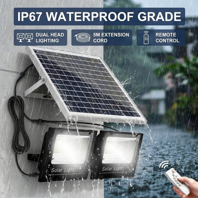 YQCHEZI Solarleuchte für den Außenbereich mit 12000/8000mAh Akku, 2-Kopf-Solarlampe in Schwarz, wasserdichte Gartenwandleuchte mit Aluminium-Solarpanel und modernem Design - Bild 1