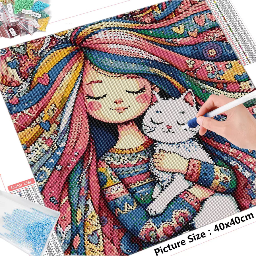 YUTTEE Diamantstickerei Set mit Katzen-Motiv als 5D DIY Mosaik-Kreuzstich in Mehrfarbig, Durchmesser: 20 cm - Bild 2