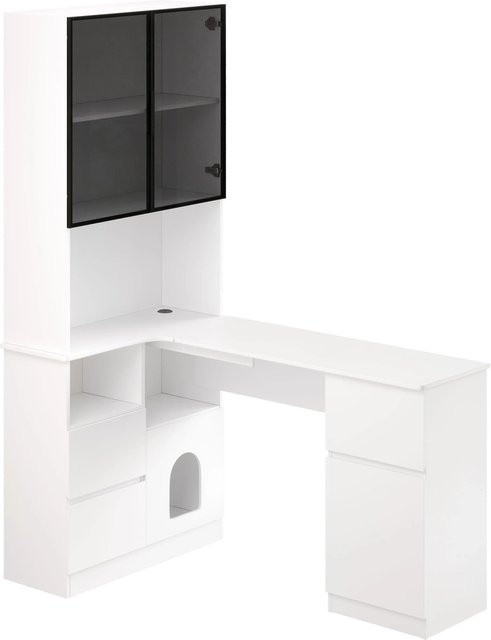 okwish Eckschreibtisch mit LED-Vitrine und Haustierfach in Weiß, B/T: 120 x 80 cm - Bild 1