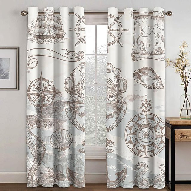 Nautische Fenster Vorhänge mit Boot Skizze, Schiff Rad und Anker Motiv von A Family Of Home Textiles, 2 Panels, semi-transparent, Mehrfarbig, H: 245 cm, B: 135 cm - Bild 1