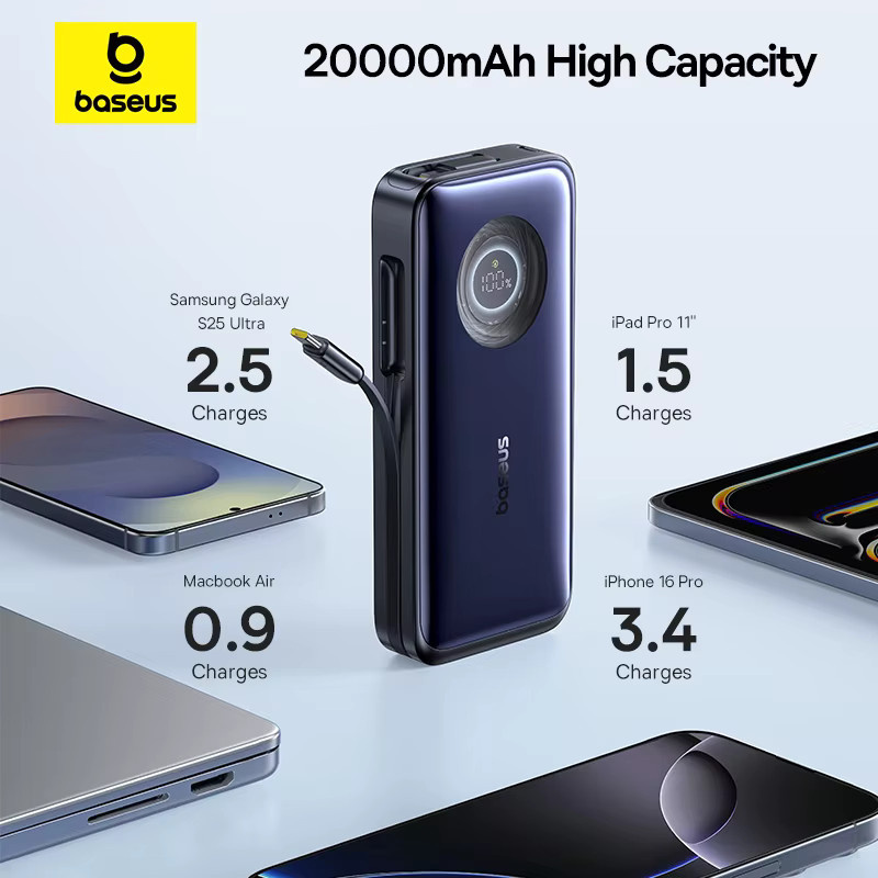 Baseus EnerCore CR11 Powerbank 20000 mAh 100W mit einziehbarem USB-C-Kabel Cosmic Black - Bild 4
