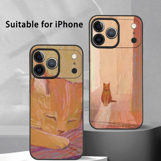 Handyhülle mit schlafender orangefarbener Katze im koreanischen Stil für iPhone 11 bis 17 Pro Max Plus Mini, Schwarz Matt Soft Shell - Bild 1
