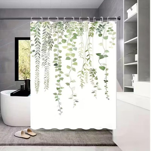 VIKAMA Duschvorhang mit nordischem Blattmuster in Grün und Weiß, wasserdicht und schimmelresistent, B: 150 cm, H: 200 cm - Bild 1