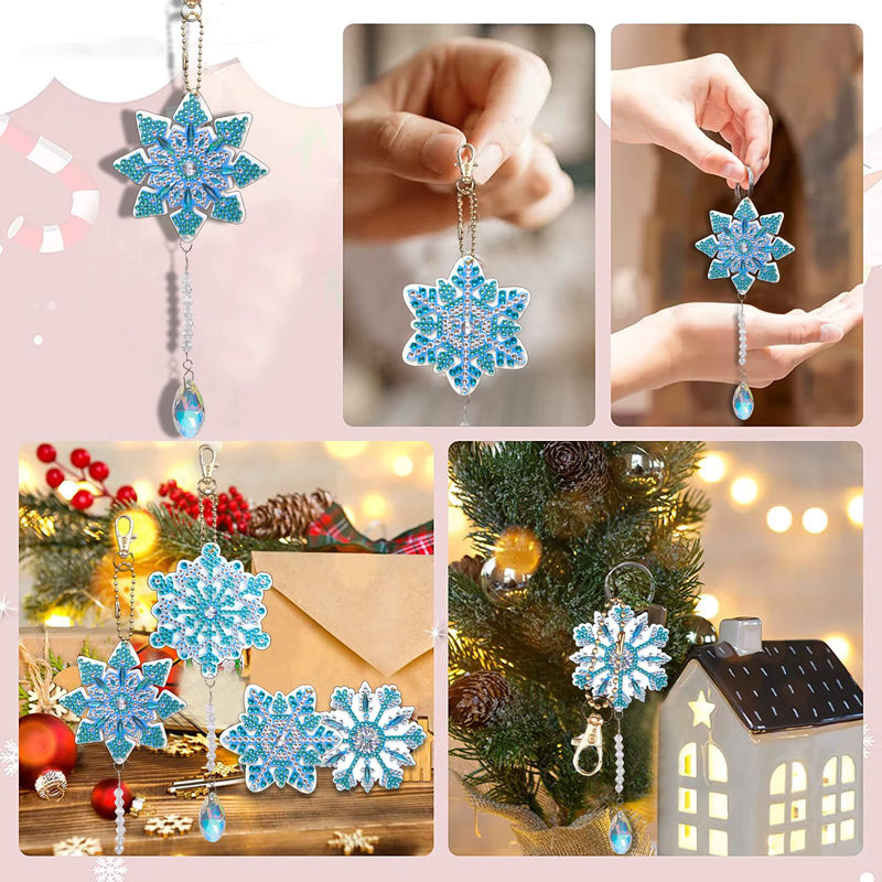 4er-Set Weihnachts-Schneeflocken DIY Diamant-Malerei Sonnenfänger mit Kristallen als dekorative Schlüsselanhänger in Weiß und Mehrfarbig - Bild 4
