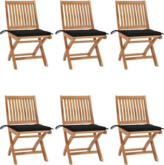 vidaXL Set aus 6 klappbaren Gartenstühlen aus Teakholz mit Kissen in Braun und Schwarz - Bild 1