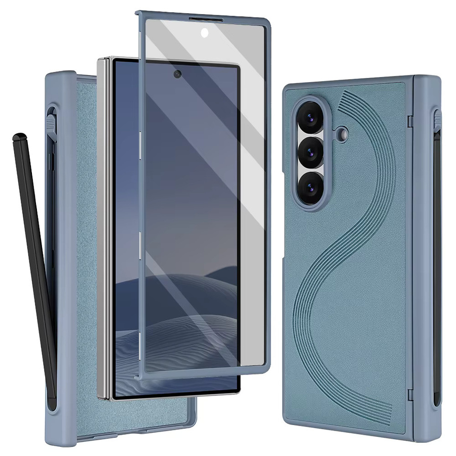 VIETAO PU-Leder Handyhülle für Galaxy Z Fold 7/6 mit Sichtschutz-Panzerglas, Touchstift und Scharnierschutz in Schwarz oder Blau - Bild 3